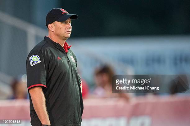 Head coach Dave Doeren # of the North Carolina State Wolfpack prior to their game against the South Alabama Jaguars on September 26, 2015 at...