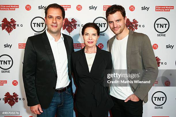 Hannes Heyelmann, Gudrun Landgren and Friedrich Muecke attend TNT Serie's preview screening of 'Weinberg' at Residenz on September 30, 2015 in...