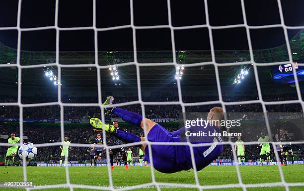 Joe Hart of Manchester City saves the penalty from Raffael of Borussia Monchengladbach during the UEFA Champions League Group D match between VfL...