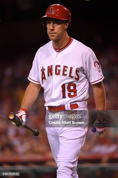David Murphy of the Los Angeles Angels of Anaheim reacts after striking out swinging during the third inning of the game against the Seattle Mariners...