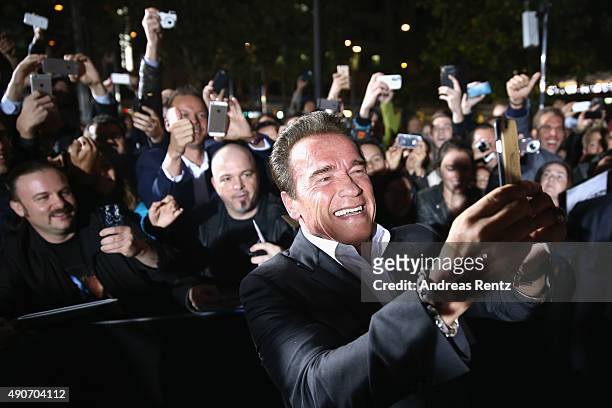 Actor Arnold Schwarzenegger attends the 'Maggie' Premiere and Golden Icon Award Ceremony during the Zurich Film Festival on September 30, 2015 in...