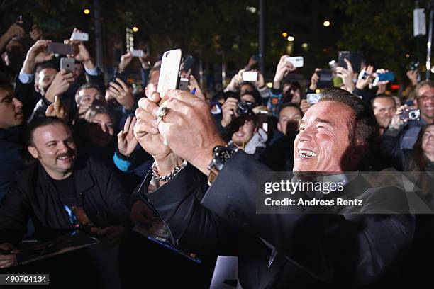 Actor Arnold Schwarzenegger attends the 'Maggie' Premiere and Golden Icon Award Ceremony during the Zurich Film Festival on September 30, 2015 in...