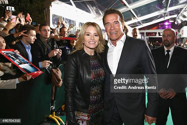 Actor Arnold Schwarzenegger and Heather Milligan attend the 'Maggie' Premiere and Golden Icon Award Ceremony during the Zurich Film Festival on...