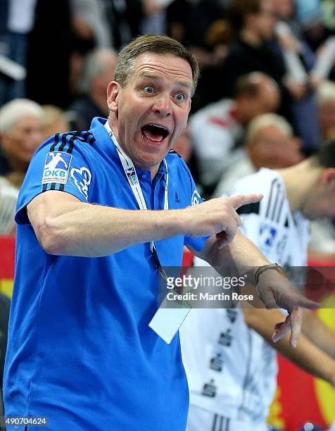Alfred Gislason, head coach of Kiel reacts during the DKB HBL Bundesliga match between THW Kiel and Bergischer HC at Sparkassen Arena on September...