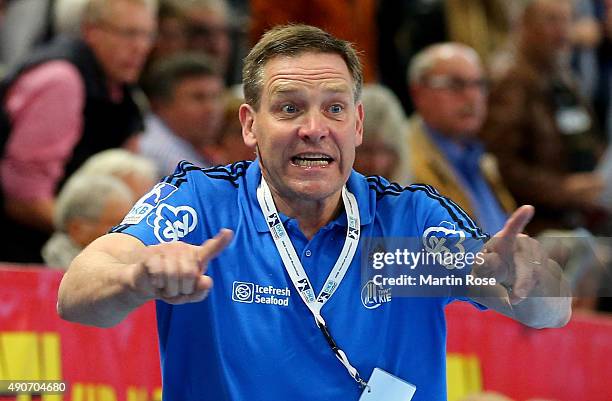 Alfred Gislason, head coach of Kiel reacts during the DKB HBL Bundesliga match between THW Kiel and Bergischer HC at Sparkassen Arena on September...