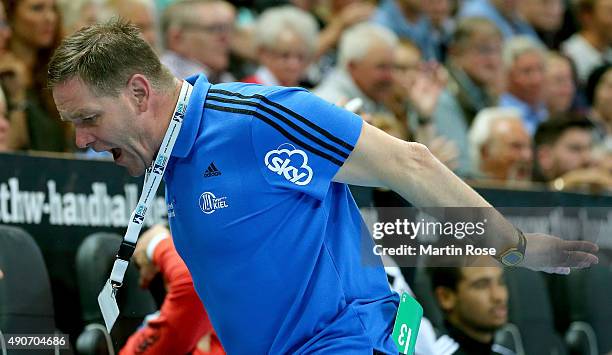 Alfred Gislason, head coach of Kiel reacts during the DKB HBL Bundesliga match between THW Kiel and Bergischer HC at Sparkassen Arena on September...