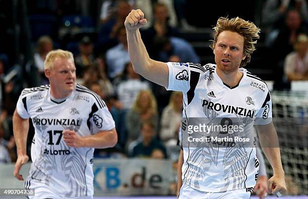 Erlend Mamelund of Kiel celebrates after scoring during the DKB HBL Bundesliga match between THW Kiel and Bergischer HC at Sparkassen Arena on...