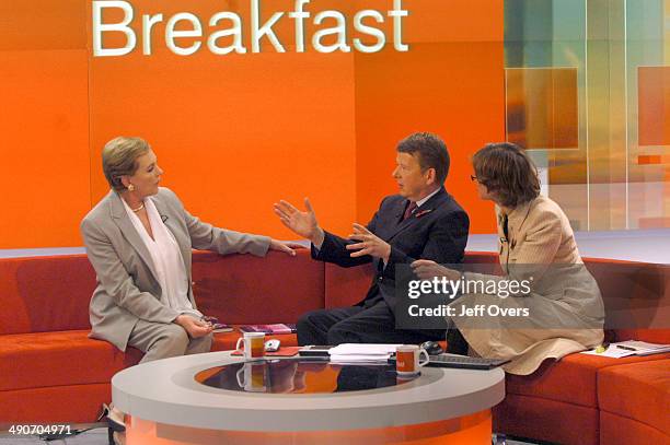 Actor Dame Julie Andrews best known for her role in Mary Poppins appearing on the BBC programme Breakfast, interviewed by Bill Turnbull and Kate...