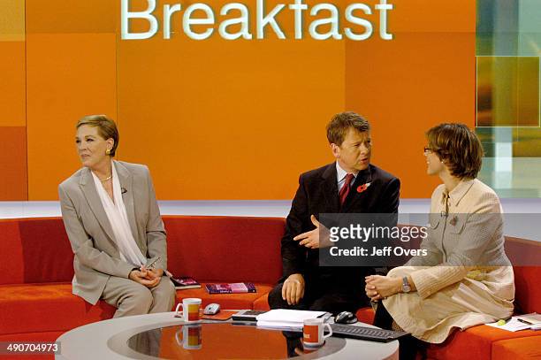 Actor Dame Julie Andrews best known for her role in Mary Poppins appearing on the BBC programme Breakfast, interviewed by Bill Turnbull and Kate...