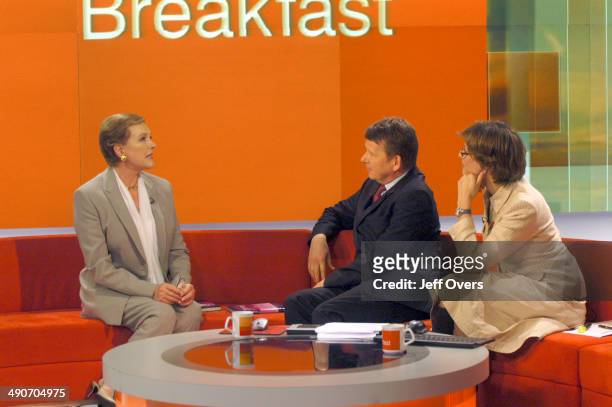 Actor Dame Julie Andrews best known for her role in Mary Poppins appearing on the BBC programme Breakfast, interviewed by Bill Turnbull and Kate...