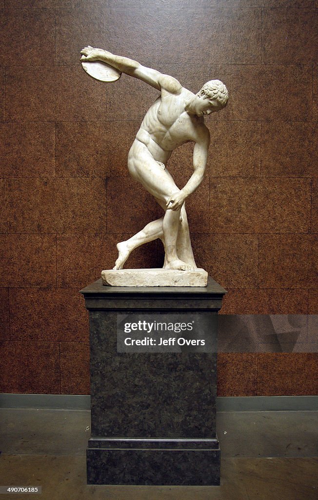 Discus Historical Discus-thrower - statue at the British Museum. Marble Roman copy of a ...