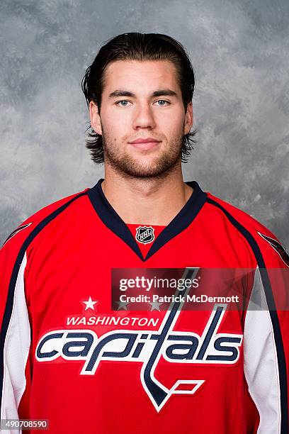 Tom Wilson of the Washington Capitals poses for his official headshot for the 2015-2016 season on September 17, 2015 at Kettler Capitals Iceplex in...