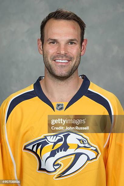 Paul Gaustad of the Nashville Predators poses for his official headshot for the 2015-2016 season on September 17, 2015 at the Bridgestone Arena in...