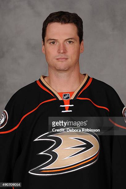Sheldon Brookbank of the Anaheim Ducks poses for his official headshot for the 2015-2016 season on September 17, 2015 at DoubleTree Hotel in Anaheim,...