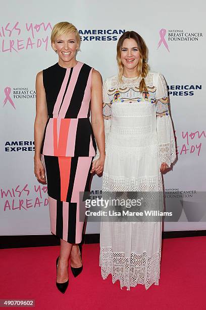 Toni Collette and Drew Barrymore arrive at the 'Miss You Already' Gala premiere at the State Theatre on September 30, 2015 in Sydney, Australia.
