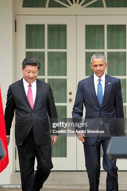 President Barack Obama and Chinese President Xi Jinping attand a joint news conference in the Rose Garden at The White House on September 25, 2015 in...