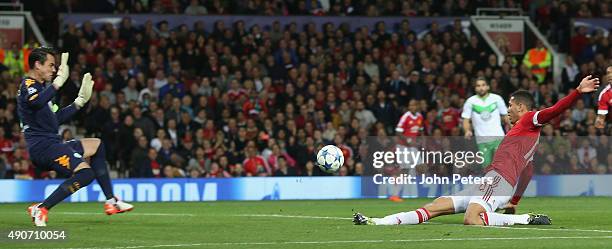 Chris Smalling of Manchester United scores their second goal during the UEFA Champions League Group C match between Manchester United and Wolfsburg...