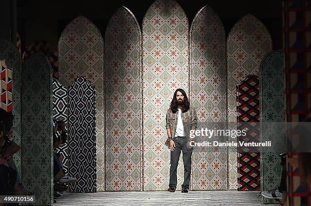 Designer Alessandro Michele aknowledge the applause of the public after the Gucci show as a part of Milan Fashion Week Spring/Summer 2016 on...