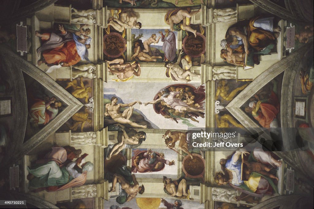 A view of Michelangelo's Creation of Adam on the Sistine Chapel ceiling in the Vatican, Rome