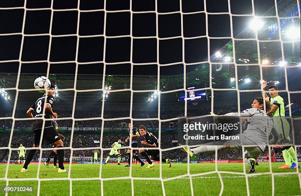 Nicolas Otamendi of Manchester City scores the first goal past Yann Sommer of Borussia Monchengladbach during the UEFA Champions League Group D match...