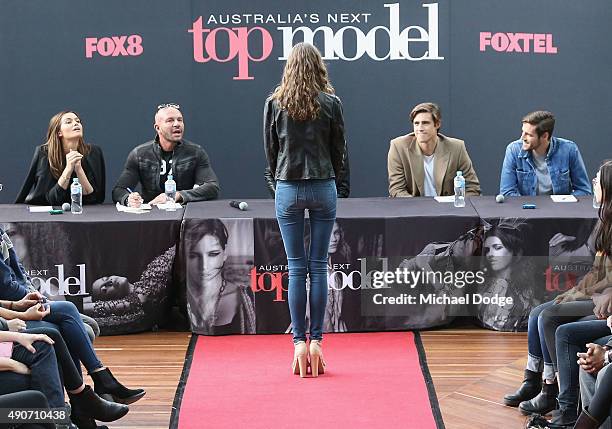 Model Cheyenne Tozzi, Fashion designer Alex Perry, Jennifer Hawkins and Zac Stenmark question a hopeful model at Australia's Next Top Model Season 10...