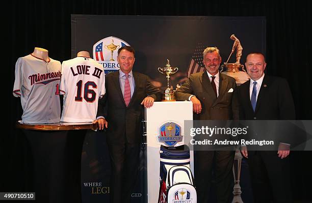 Ryder Cup Captains Davis Love III and Darren Clarke pose with Dave St Peter, President of the Minnesota Twins during the 2016 Ryder Cup "Welcome To...