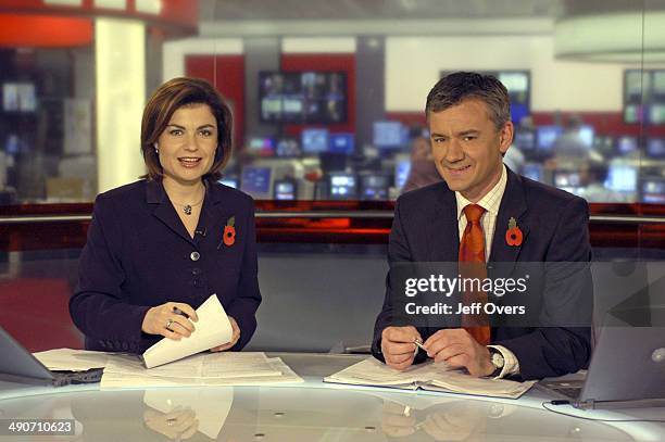 Jane Hill and Chris Eakin on the BBC News 24 studio set.