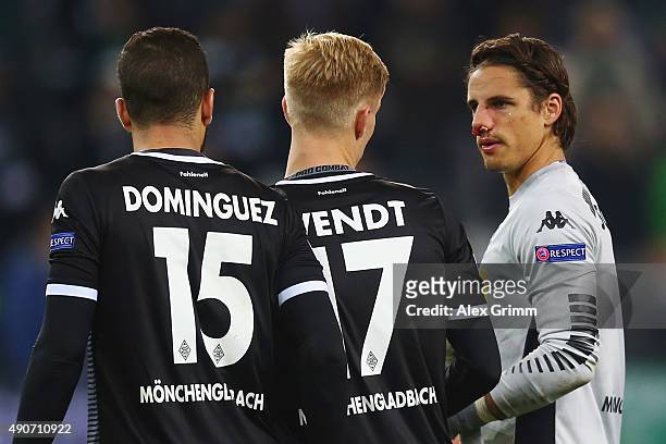 Alvaro Dominguez, Oscar Wendt and goalkeeper Yann Sommer of Moenchengladbach react after the UEFA Champions League Group D match between VfL Borussia...