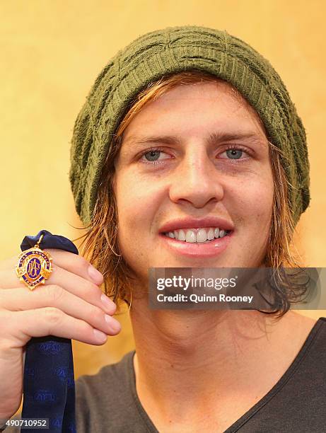 Brownlow Medal winner Nat Fyfe of the Dockers poses during a media opportunity at Crown Entertainment Complex on September 29, 2015 in Melbourne,...