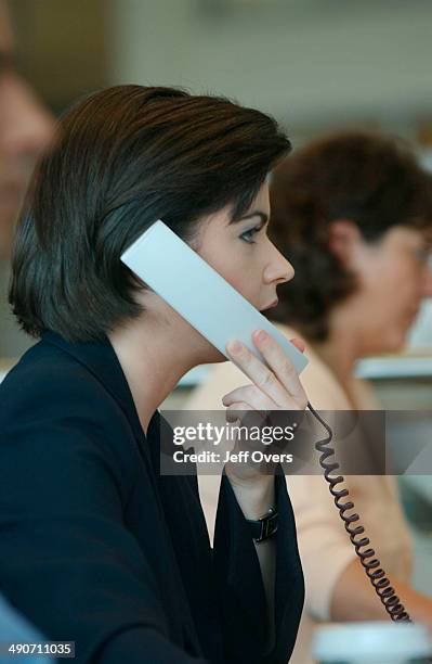 News 24 Presenter JANE HILL in the office shortly before going on air. September 2002