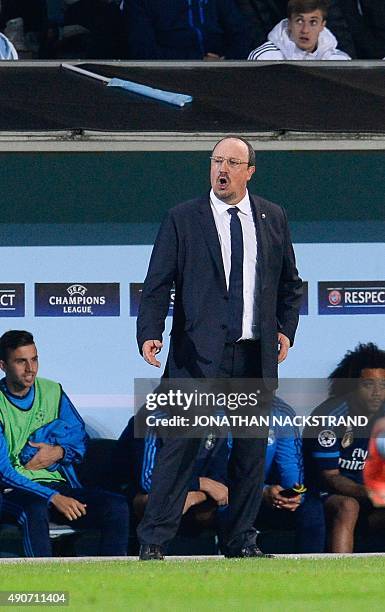 Real Madrid's Spanish head coach Rafa Benitez reacts during the UEFA Champions League first-leg Group A football match between Malmo FF and Real...