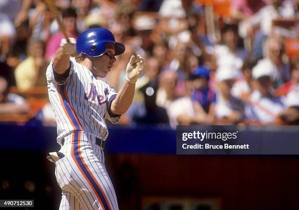 Lenny Dykstra of the New York Mets bats during an MLB game against the Montreal Expos in August, 1987 at Shea Stadium in Flushing, New York.