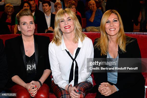 The sisters Marie-Amelie Seigner, Emmanuelle Seigner and main Guest of the show Mathilde Seigner who presents the movie 'La liste de mes envies' at...