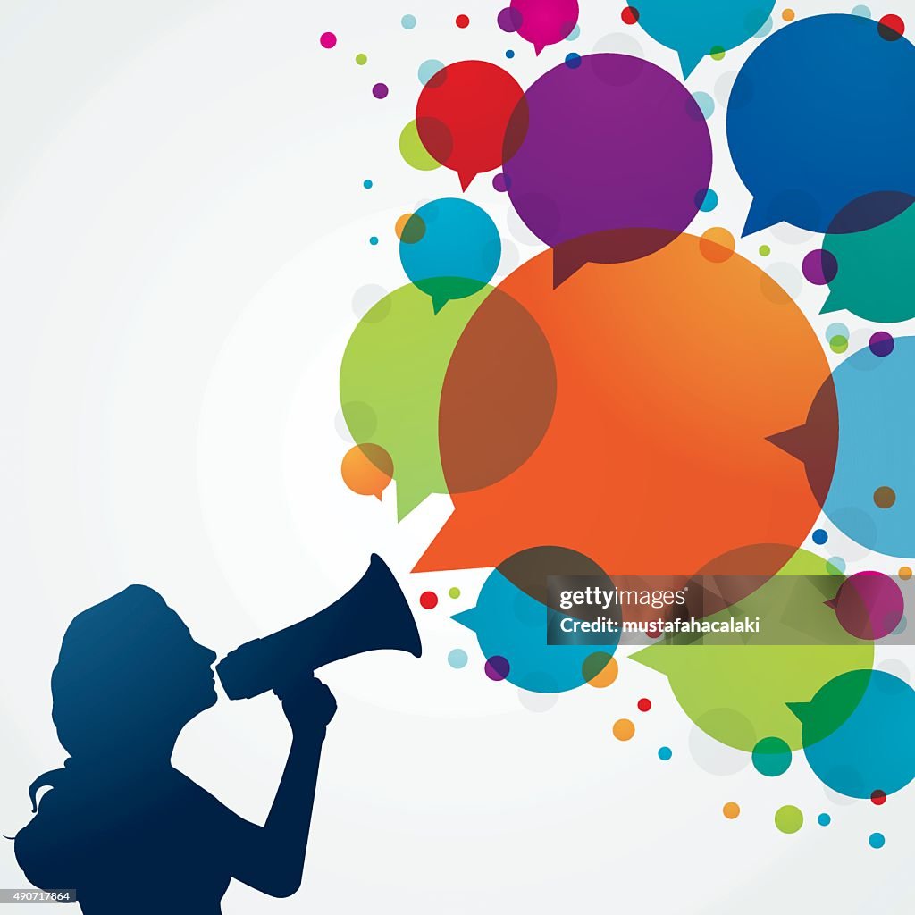 Woman with megaphone and speech bubbles