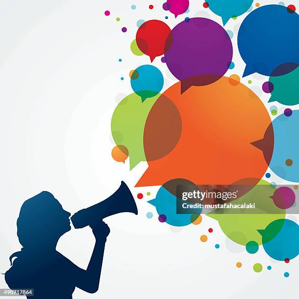 woman with megaphone and speech bubbles - megaphone stock illustrations