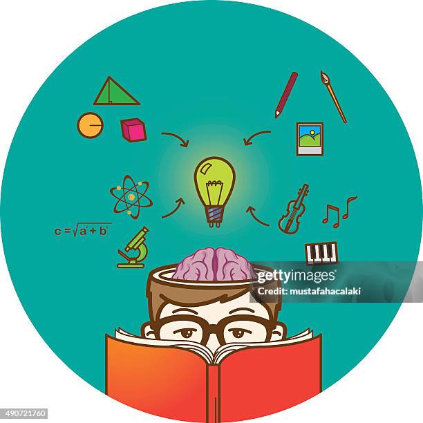 creative reading boy with open brain - right cerebral hemisphere stock illustrations