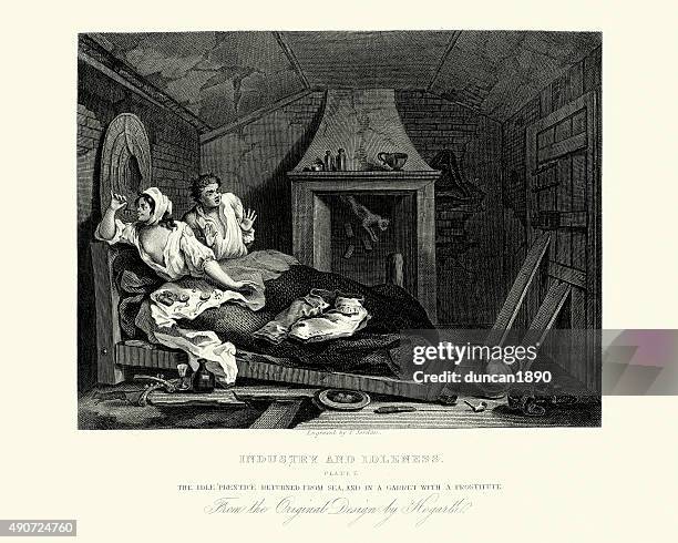 william hogarth industry and idleness idle prentice with common - prostitute stock illustrations