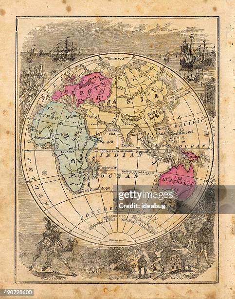 antique 1867 map of eastern hemisphere, geography, world history, cartography - eastern hemisphere stock illustrations