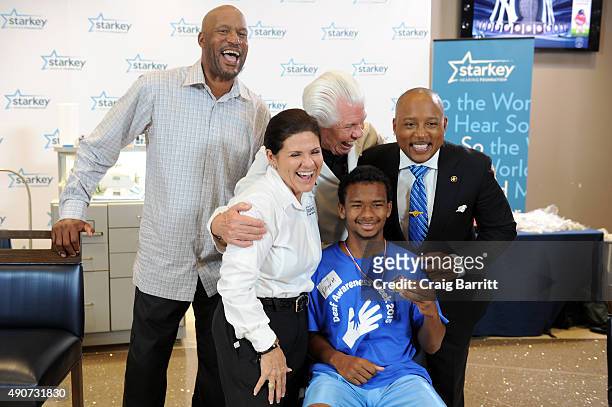 Ron Harper, William F. Austin and Daymond John attend the Celebrity Hearing Mission With Starkey Hearing Foundation At Yankee Stadium on September...