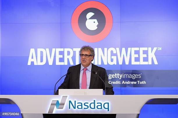Executive Director of Advertising Week Matt Scheckner speaks onstage at the NASDAQ Closing Bell during Advertising Week 2015 AWXII at Nasdaq...