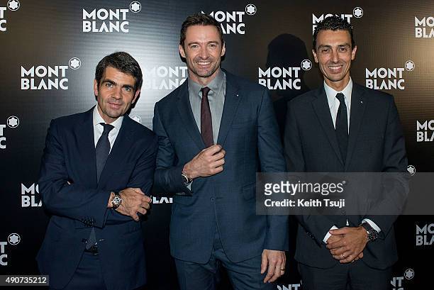 Hugh Jackman , Montblanc CEO Jerome Lambert and President Montblanc Asia Pacific Julien Renard attend a photo call at the Montblanc Gala Dinner...