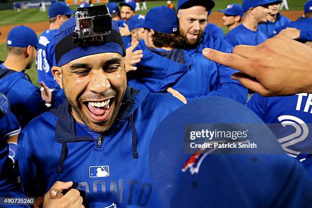 Pitcher David Price of the Toronto Blue Jays and teammates celebrate after defeating the Baltimore Orioles and clinching the AL East Division during...