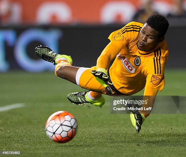 Andre Blake of the Philadelphia Union makes a diving save in the first half of the 2015 U.S. Open Cup Final against Sporting Kansas City on September...