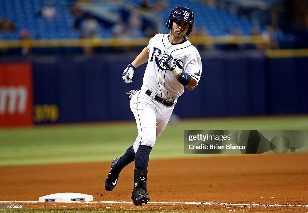 Miami Rays Nick Franklin of the Tampa Bay Rays rounds third base after hitting a ...