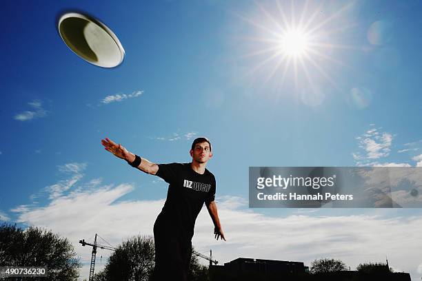 New Zealand Ultimate Frisbee player Zev Fishman throws a frisbee during a photoshoot on October 1, 2015 in Auckland, New Zealand. The International...