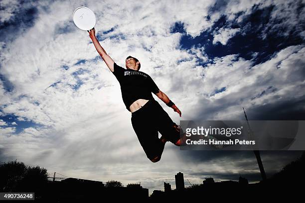 New Zealand Ultimate Frisbee player Zev Fishman dives for a frisbee during a photoshoot on October 1, 2015 in Auckland, New Zealand. The...