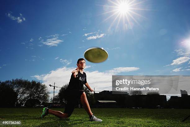 New Zealand Ultimate Frisbee player Zev Fishman throws a frisbee during a photoshoot on October 1, 2015 in Auckland, New Zealand. The International...