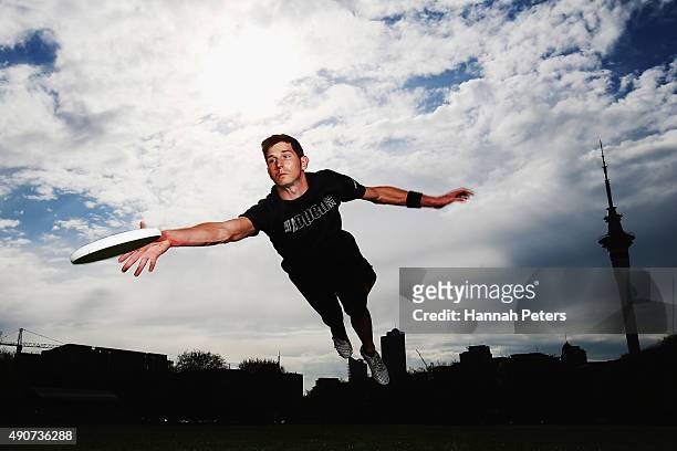 New Zealand Ultimate Frisbee player Zev Fishman dives for a frisbee during a photoshoot on October 1, 2015 in Auckland, New Zealand. The...