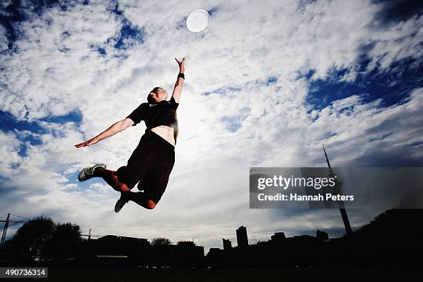 New Zealand Ultimate Frisbee player Zev Fishman dives for a frisbee during a photoshoot on October 1, 2015 in Auckland, New Zealand. The...