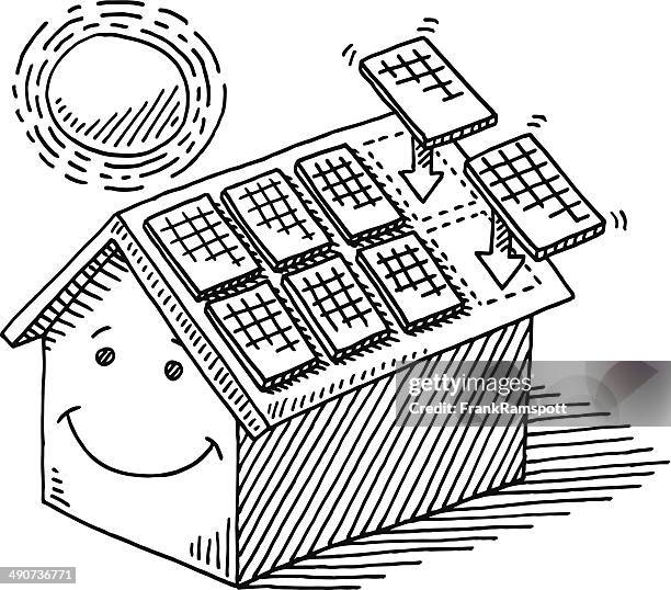 ilustraciones, imágenes clip art, dibujos animados e iconos de stock de casa de panel solar de energía solar de estar en el último piso - roofing-clip-art